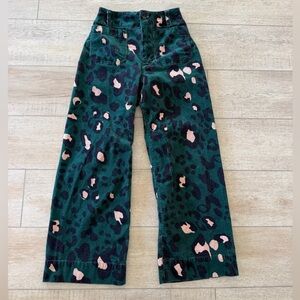Anthropologie Maeve Colette Cropped Wide Leg Corduroy Green Leopard Pants